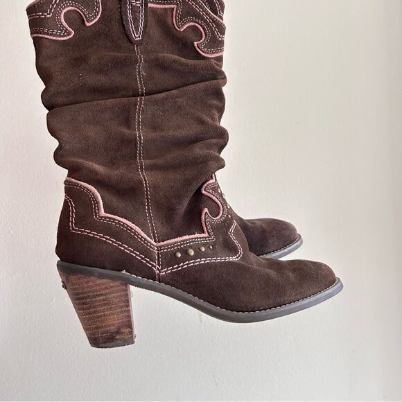 Iconic leather brown and pink contrast stitch cowboy boots - Picture 3 of 11